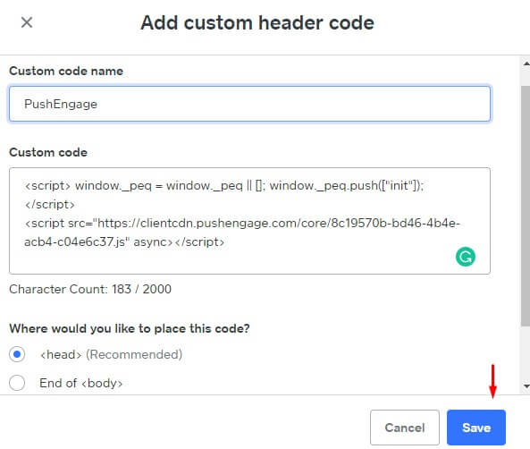PushEngage Integration Code in Weebly