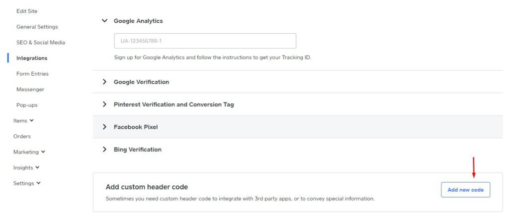 customer header code in Weebly