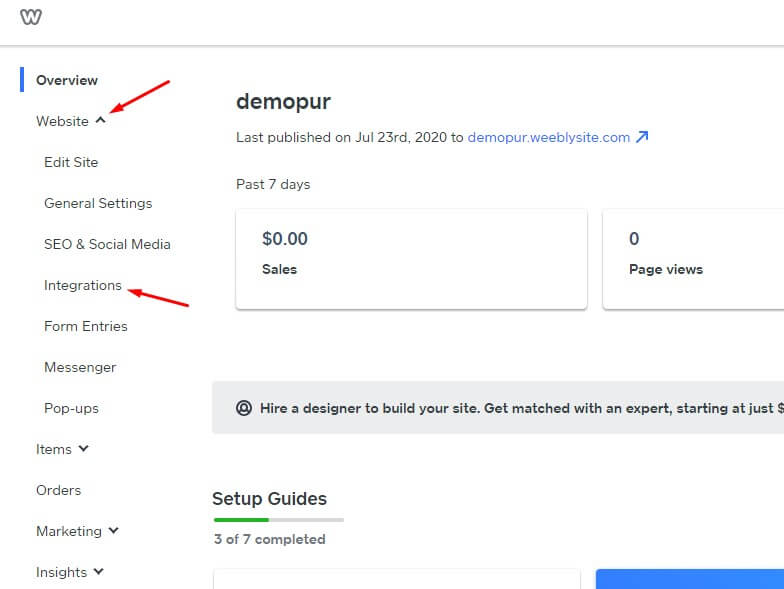 weebly dashboard for Push Notification Integration