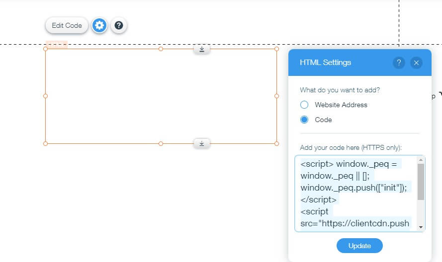 copy PushEngage code in the iFrame in Wix