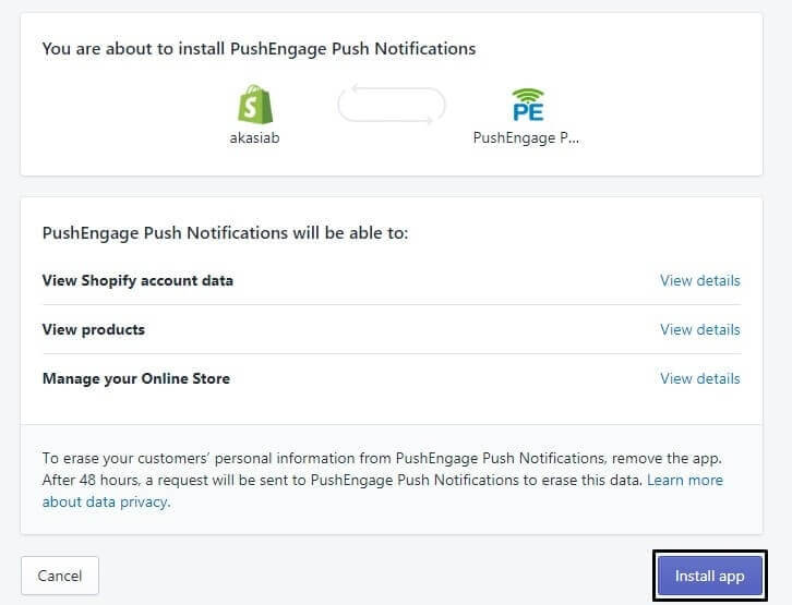 Install Shopify push notifications app