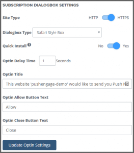 Subscription Pop-up settings for push notification