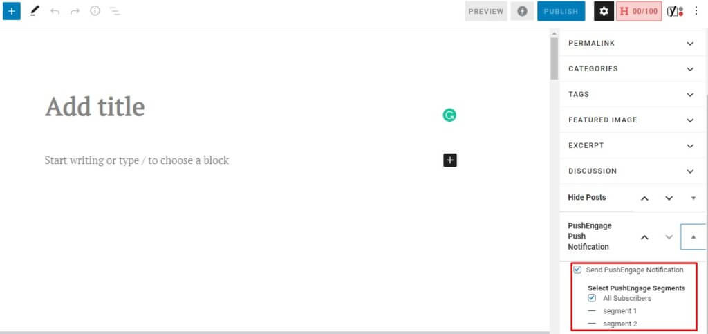 PushEngage WordPress Post Setting for New Article