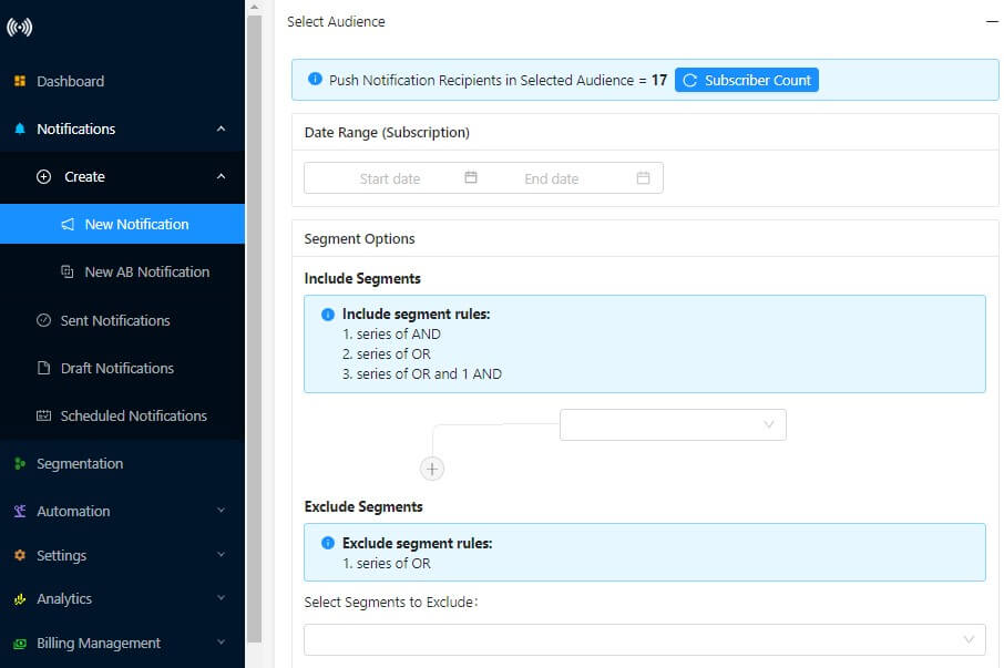 exclude segment in web push notification