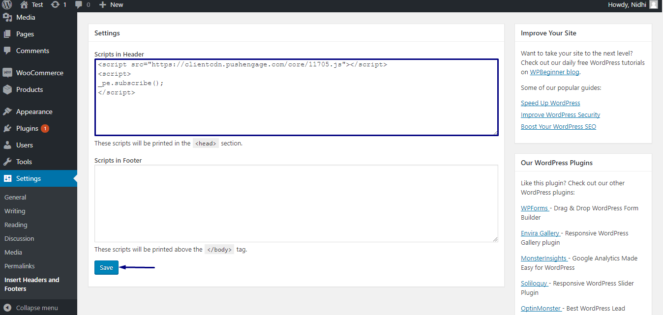push notification script to add to WooCommerce website header