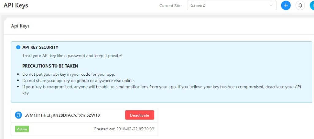 API Key for Push Notification activation