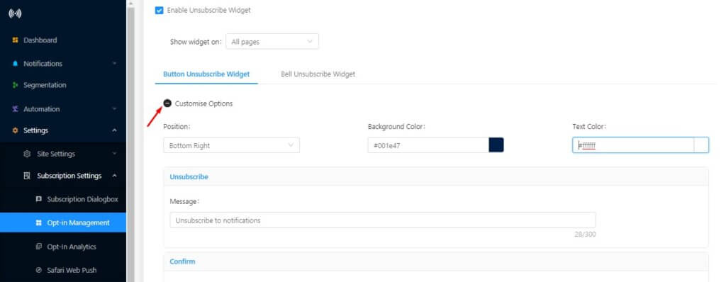 customize push unsubscription option
