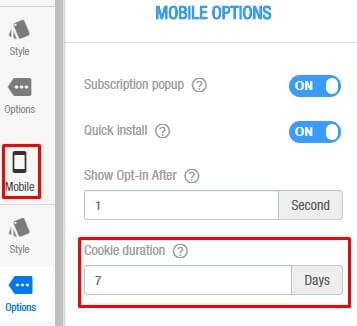 set cookie duration for push opt-in in mobile