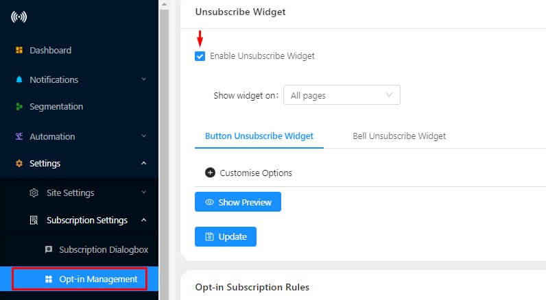 unsubscription option for push subscribers