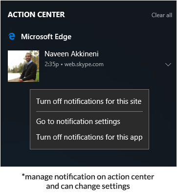 manage edge notification on action center and can change settings