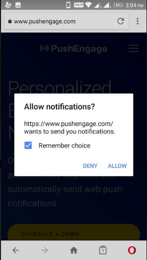PushEngage Opt-in on mobile on opera