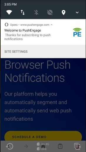 pushengagenotification on opera browser using Mobile