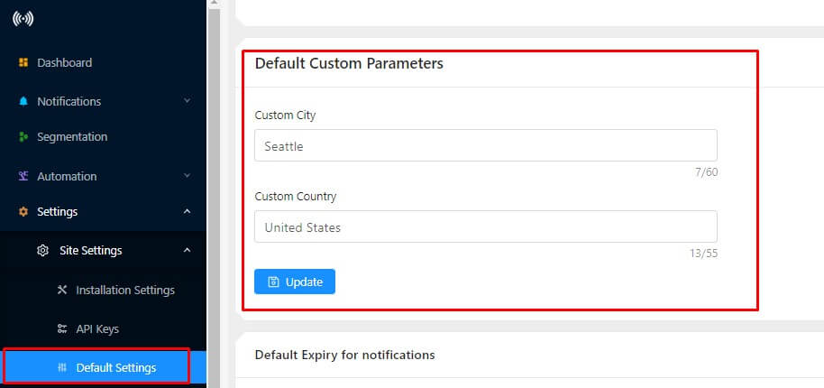 default settings for city and country