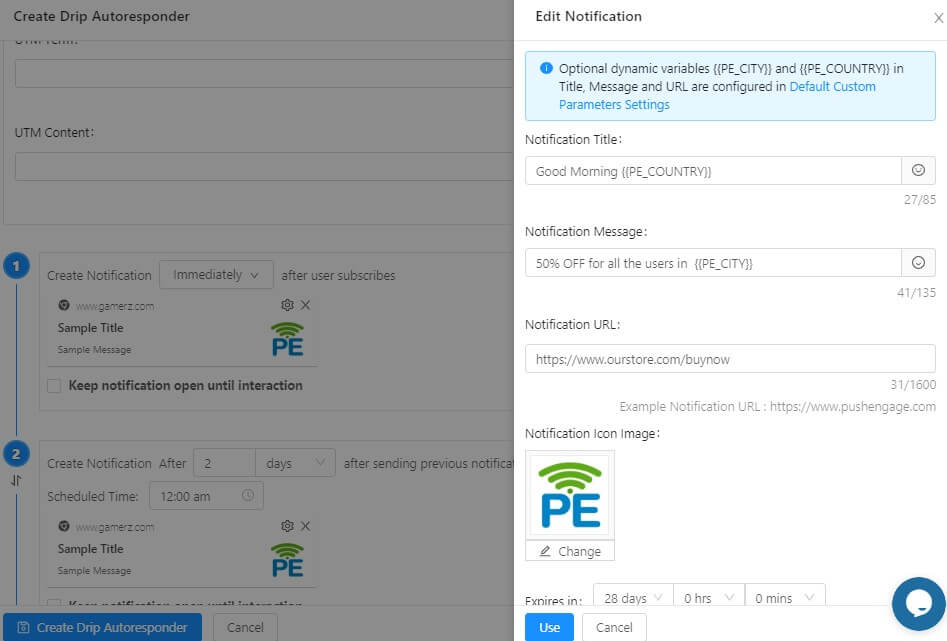 dynamic variables in drip push notification