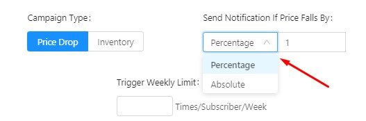 send price drop alert based on price fall by percentage or absolute