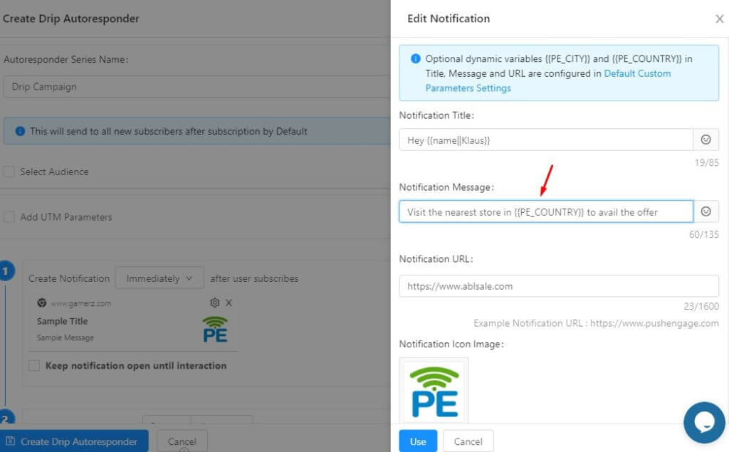 passing country name in drip push notification