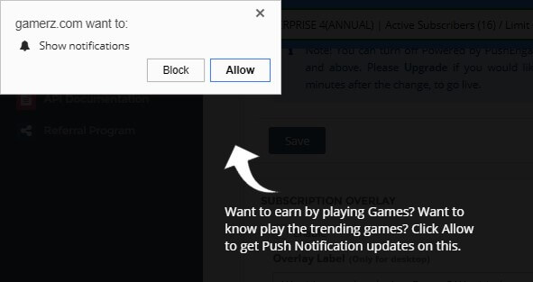 Push subscription overlay for online gaming website