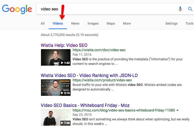 video SEO serp