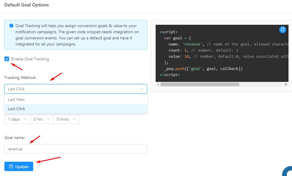 Goal Tracking Option In Web Push