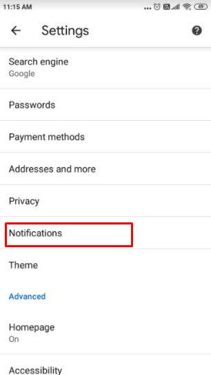 Notification settings in Mobile Chrome browser