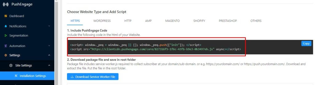 PushEngage code for WordPress website