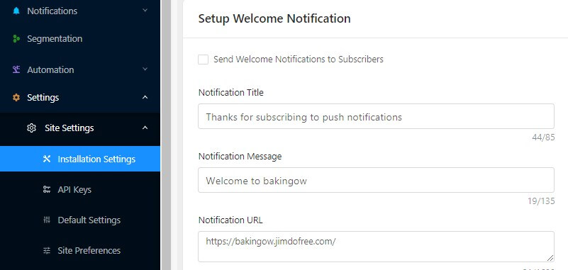 setting up welcome notification