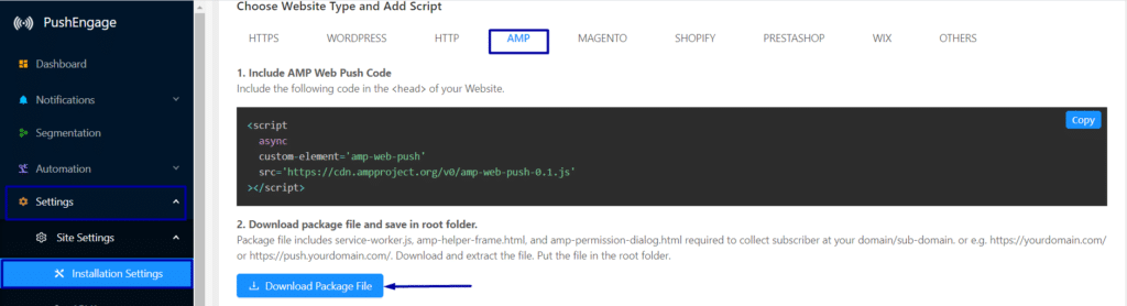 PushEngage Installation Settings for AMP pages and its serviceworker file