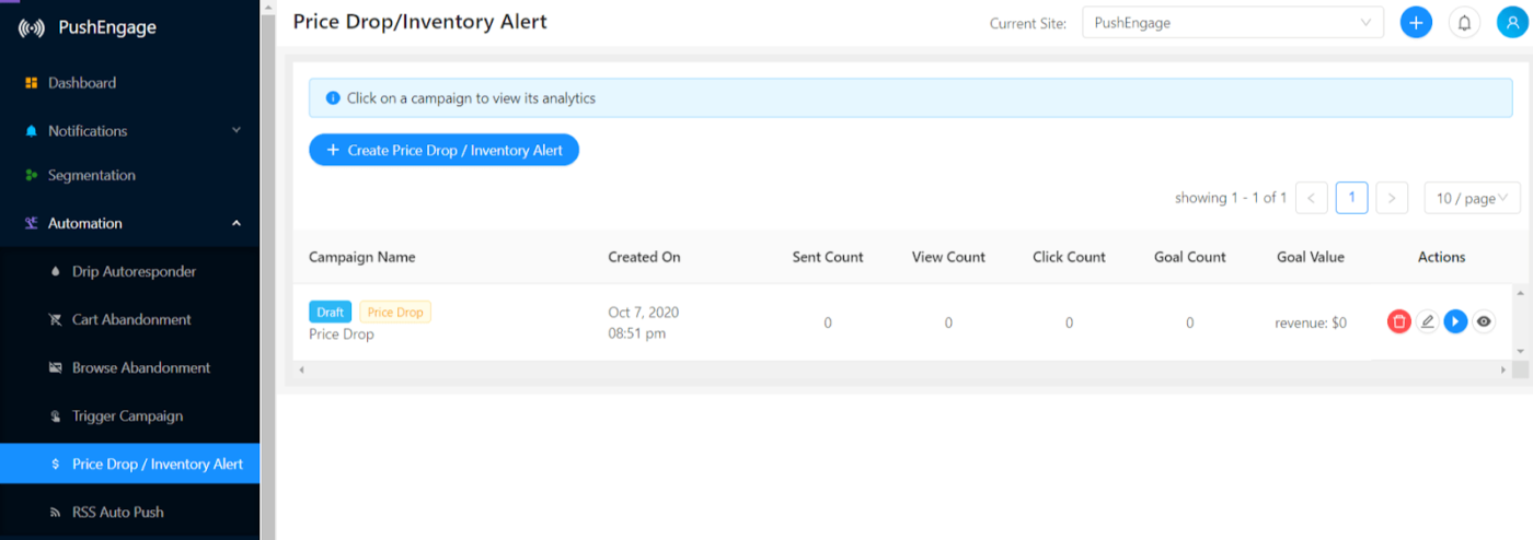PushEngage Invertory Alert campaign