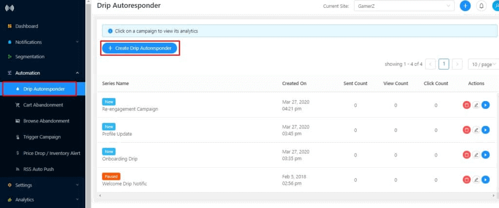 Create drip autoresponder push notification campaign