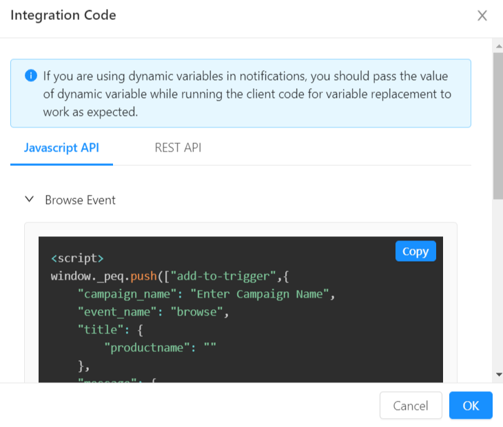 Integration code for automated push notifications