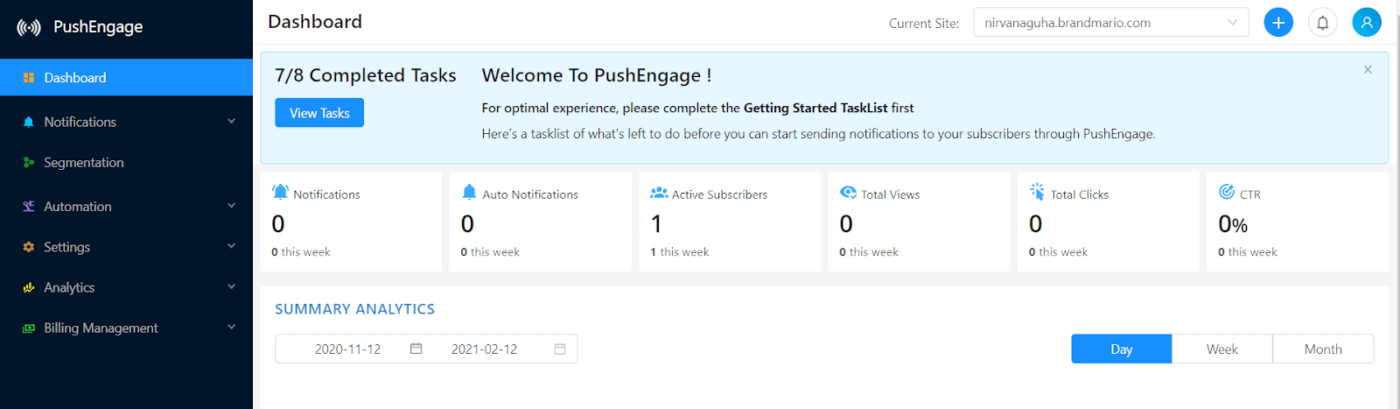 PushEngage dashboard