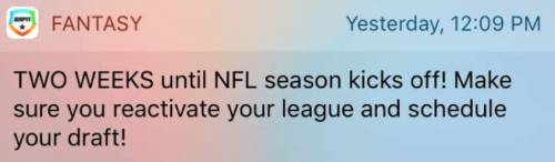 NFL season push notification reminder