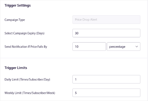 Price Drop Trigger Settings