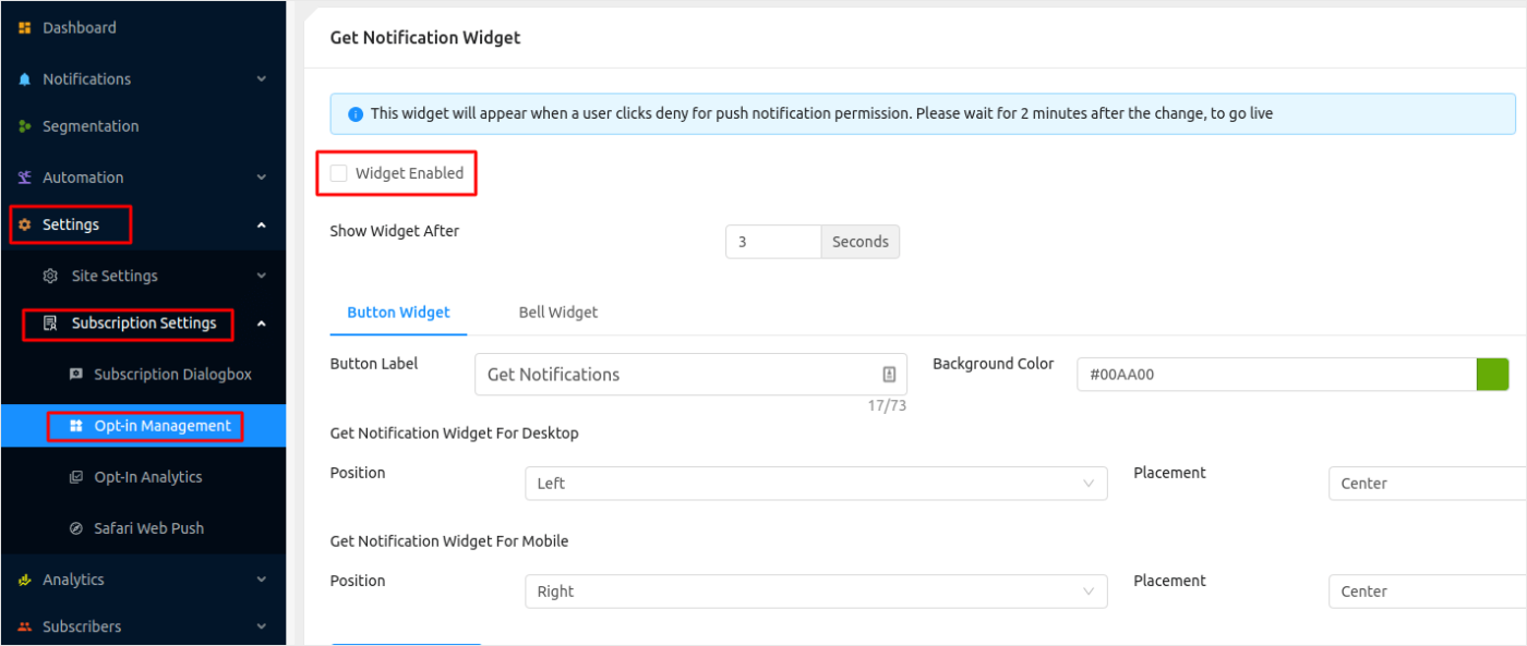 Opt-In Management Settings