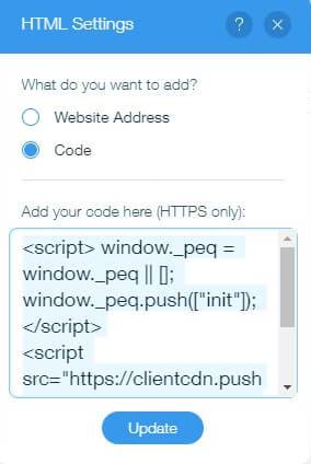 Push notification code for Wix