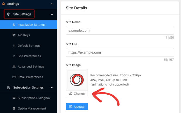 PushEngage Site Settings