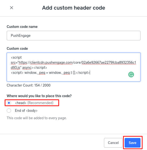 Add custom header code