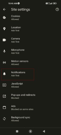 Chrome Notification Settings in Android