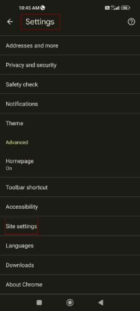 Chrome Site Settings in Android