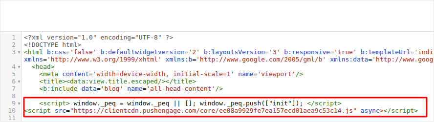 Insert PushEngage code for Blogger Push Notifications
