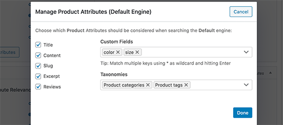 Add Custom Field and Taxonomy attributes to SearchWP product search