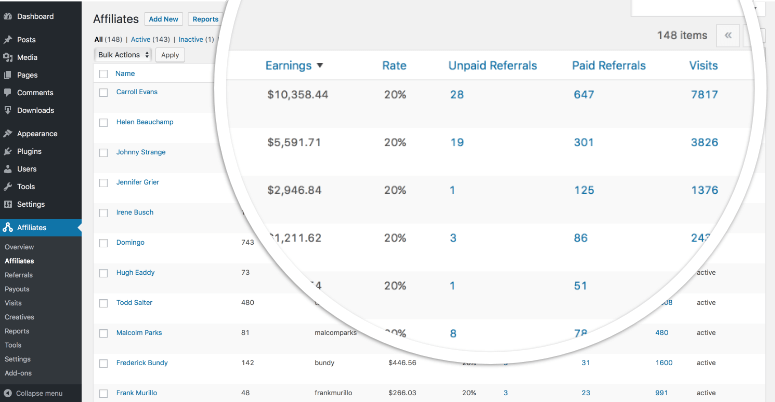 Affiliates admin