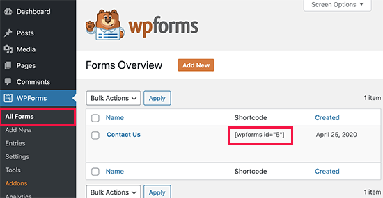 WPForms shortcodes