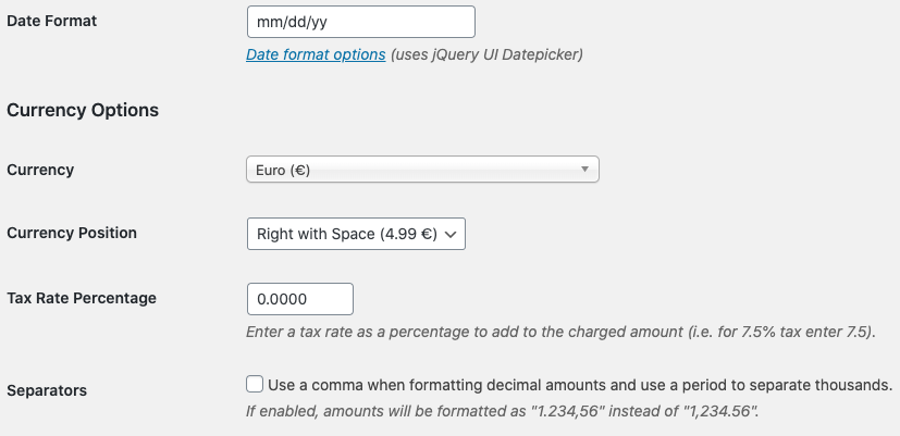 currency settings in euro
