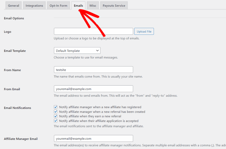 AffiliateWP email settings