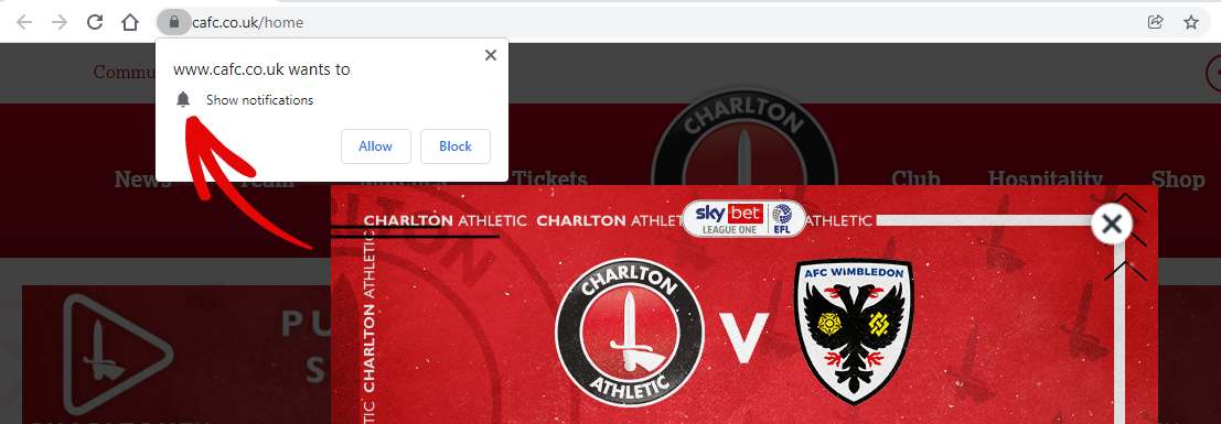 Push notification optin Charlton Athletic