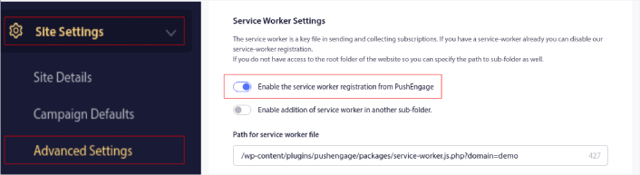 PushEngage Service Worker Settings