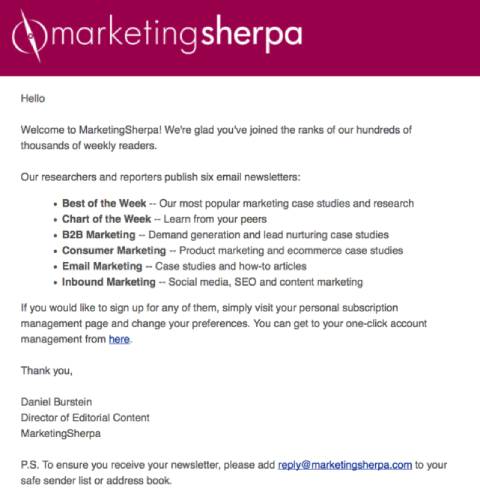 Marketing Sherpa Welcome Email
