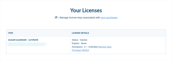 Sugar Calendar manage licenses