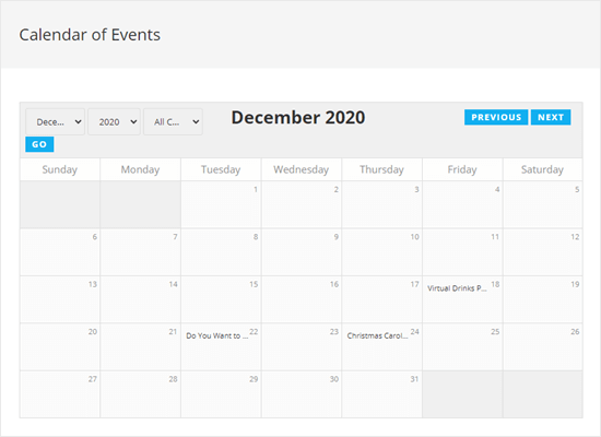 Publish WordPress events calendar